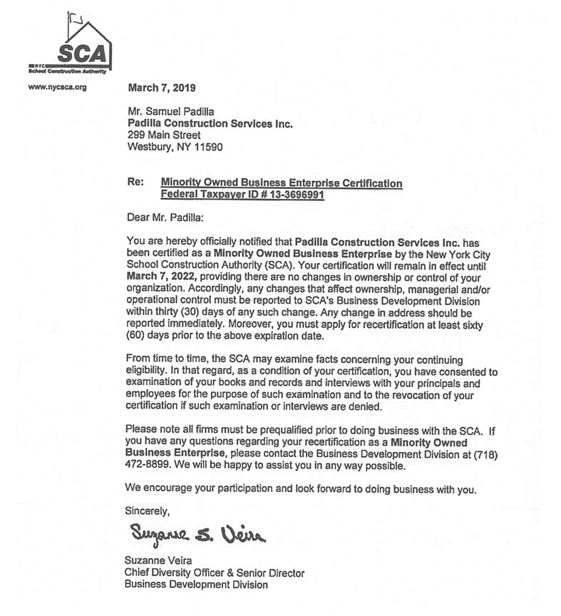 Padilla Construction NYC School Construction Authority Certificate