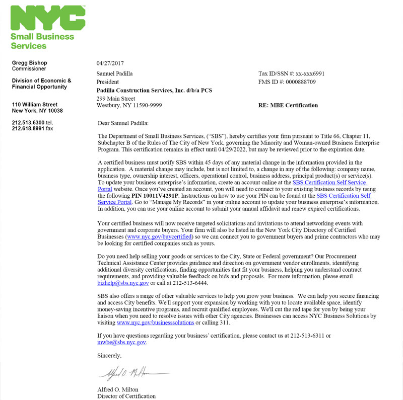 Padilla Construction NYC Small Buisness Services